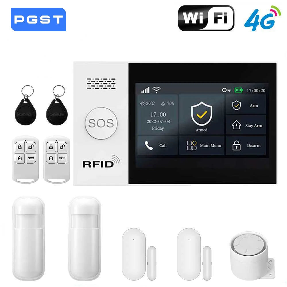 PGST Wireless Home Security Alarm System Work with Tuya 4G 2G GSM WIFI Smart Home 433MHz App Control With Alexa
