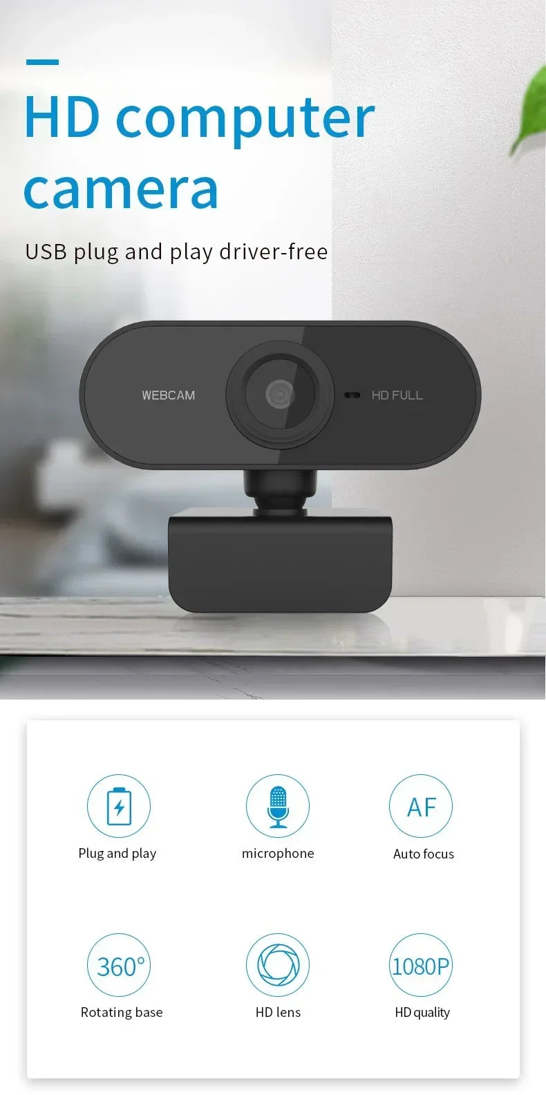 1080P Mini Webcam with Microphone Auto Focus USB 30fps