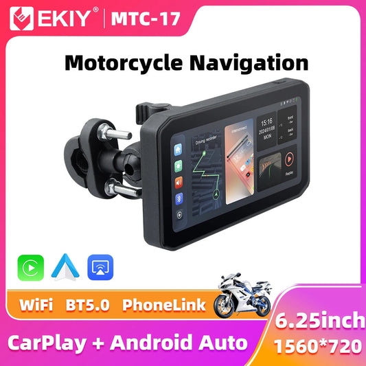 EKIY 6.25" Portable Digital Motorcycle Dashboard GPS Navigation Display Screen TPMS Monitor Wireless CarPlay Moto Android Auto 