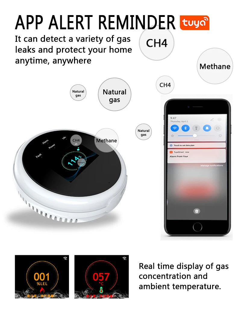 Tuya Wifi Leak With Temperature Function Combustible Gas Detectors Support Home Smart Life Natural Gas Alarm Sensor LCD Display 