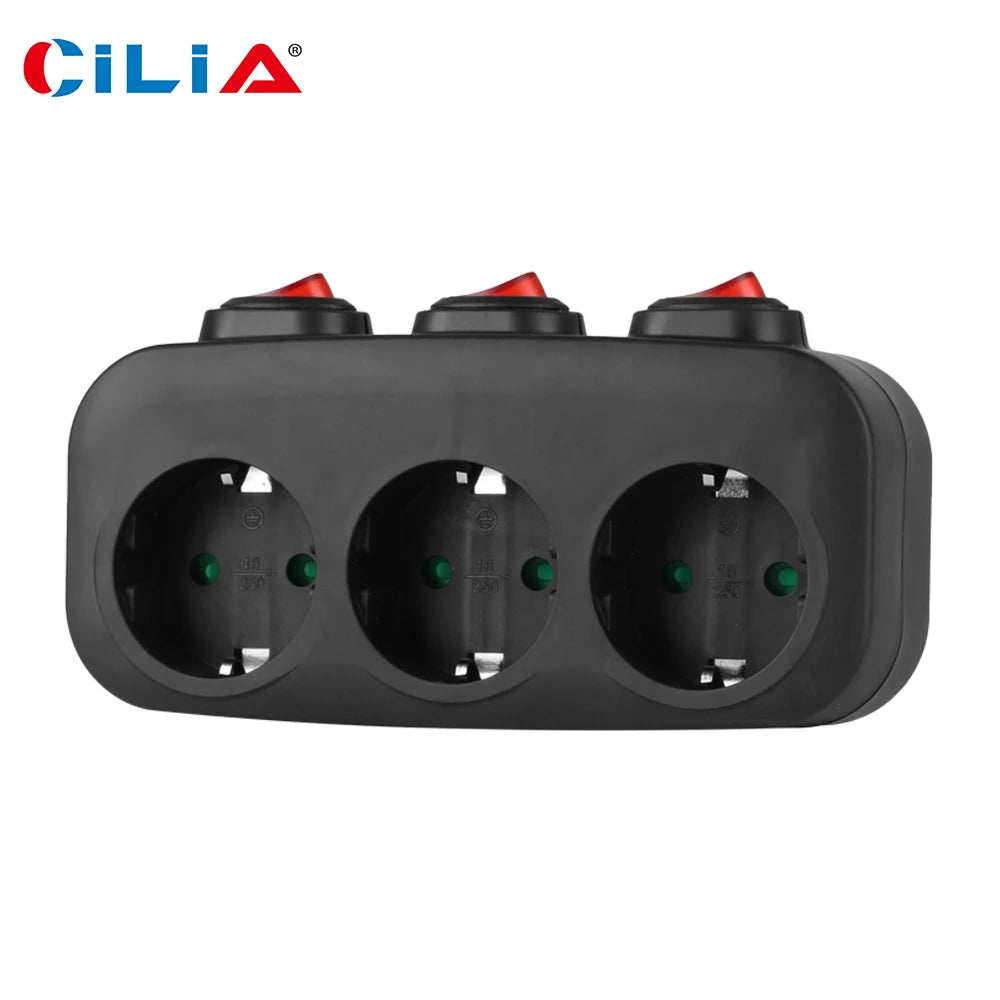 EU Three-Socket Wall Adapter with Switches