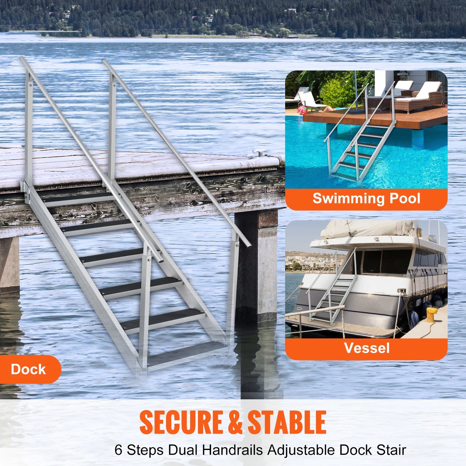 SucceBuy 4/6 Step Dual Handrails Dock Ladder Aluminum with Rubber Mat 30"-39" Adjustable Height for Lake Marine Boarding Pool