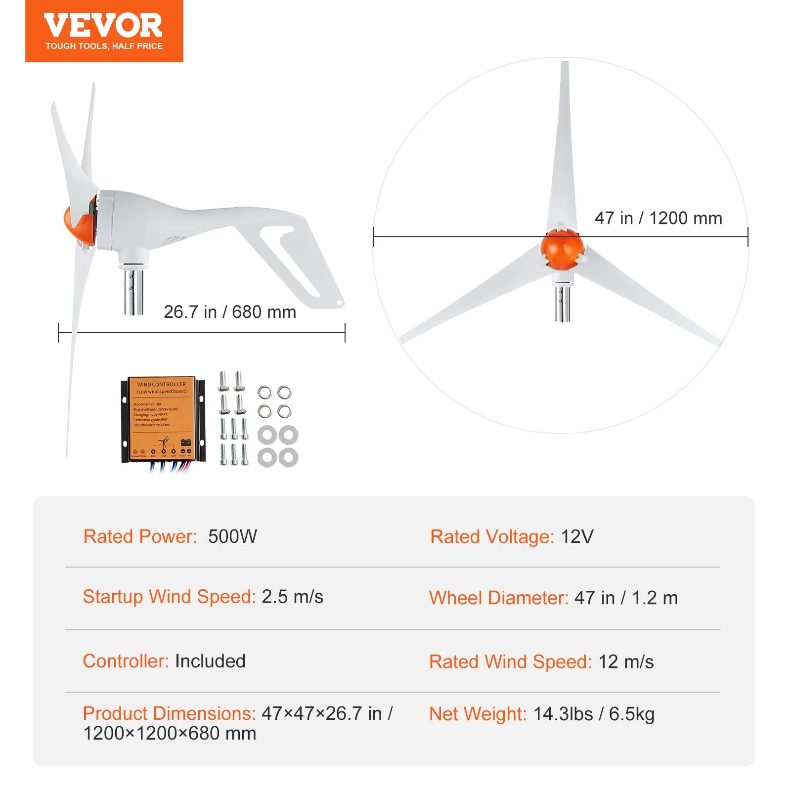 SucceBuy Wind Turbine Generator 12V 500W/800W Wind Turbine Wind Power Generator with MPPT Controller Suitable for Home Farm RVs