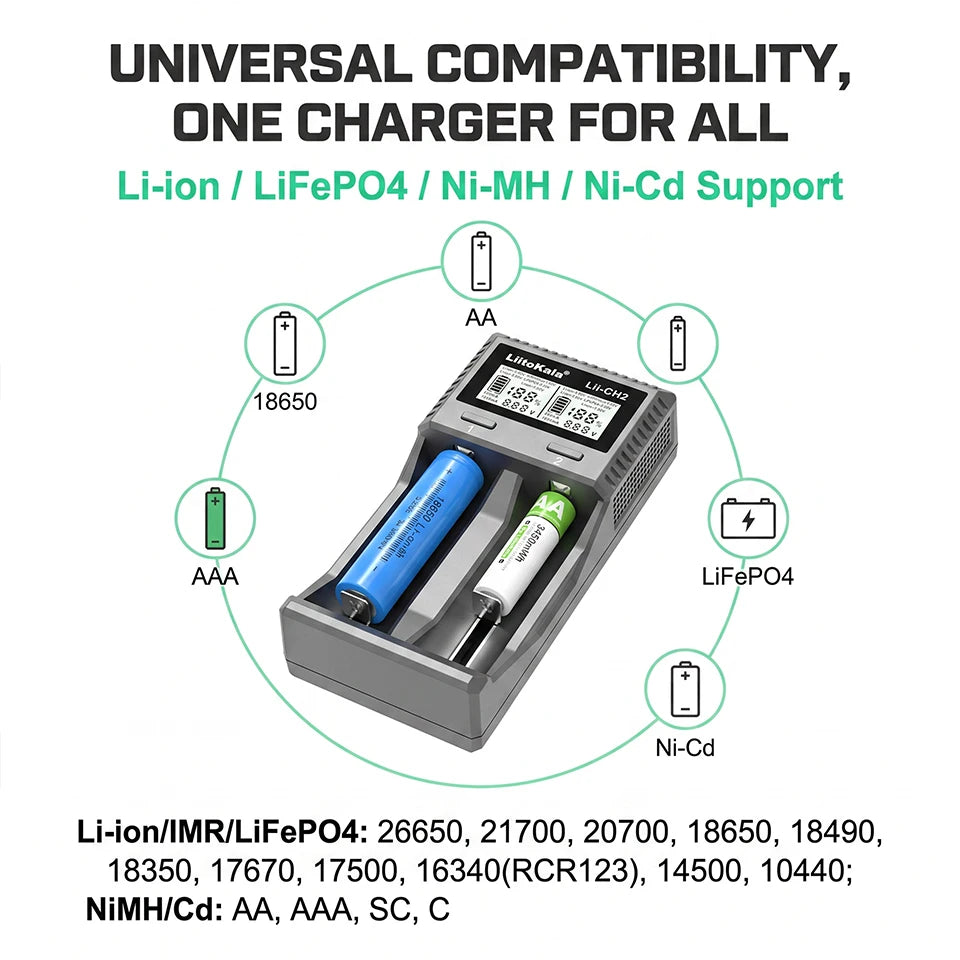 شاحن بطاريات ذكي متعدد الوظائف CH2، بشاشة LCD مزدوجة الفتحات، يدعم بطاريات Li-ion بجهد 1.5V و3.7V و3.8V وLiFePO4 وNi-MH، وبطاريات AA وAAA و18650