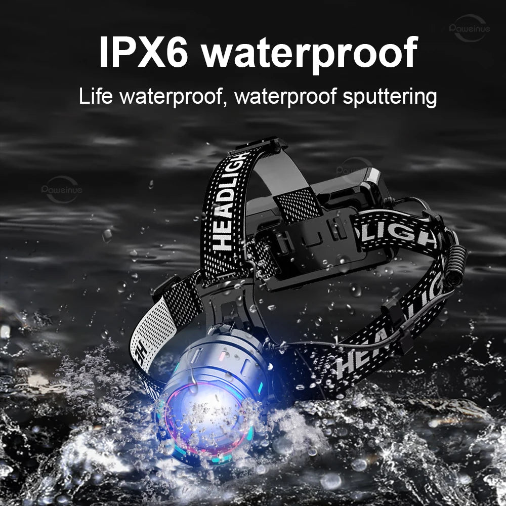 Ultra-Bright LED Headlamp with Zoom, Waterproof, Rechargeable