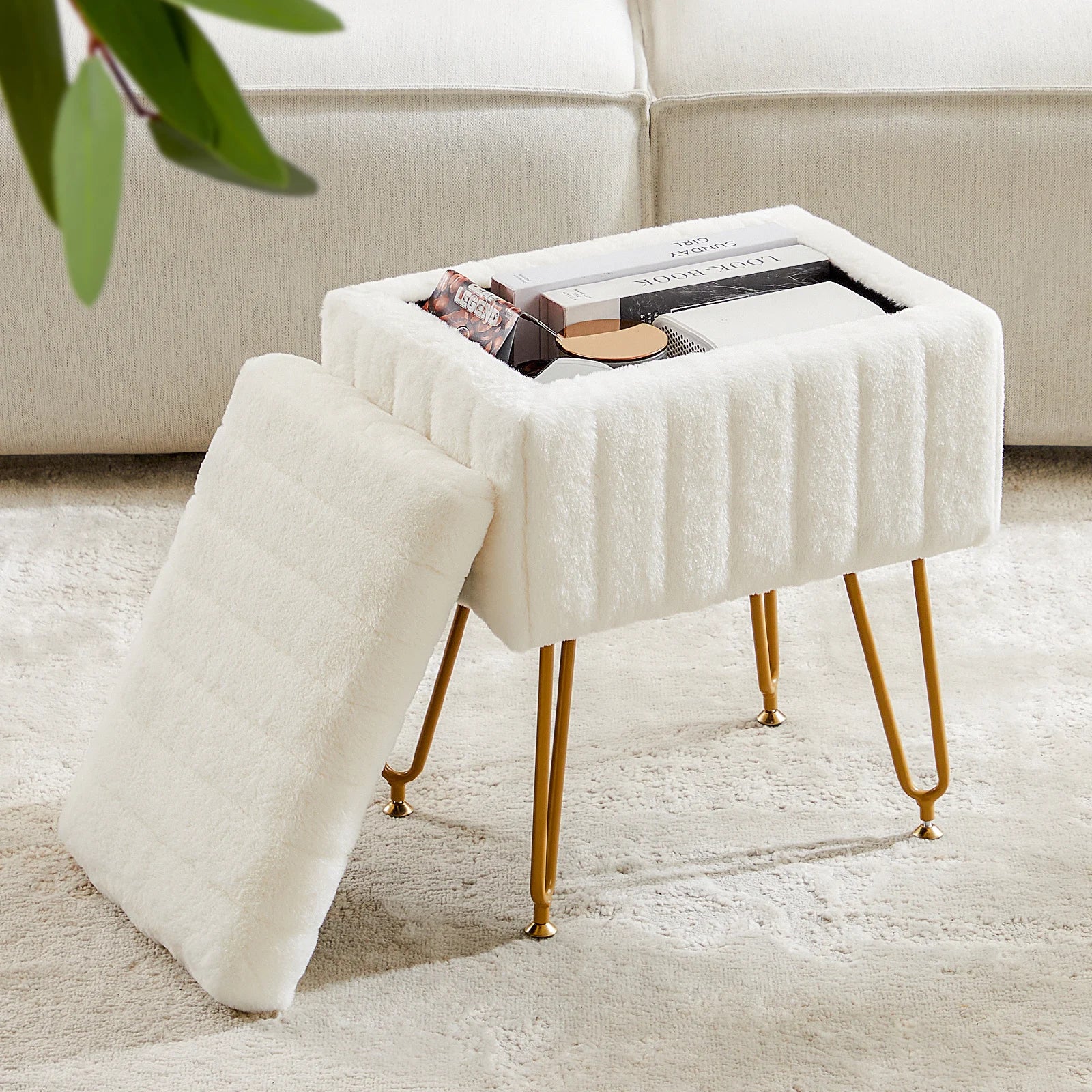 Faux Fur Storage Ottoman Stool with Hidden Compartment & Metal Legs