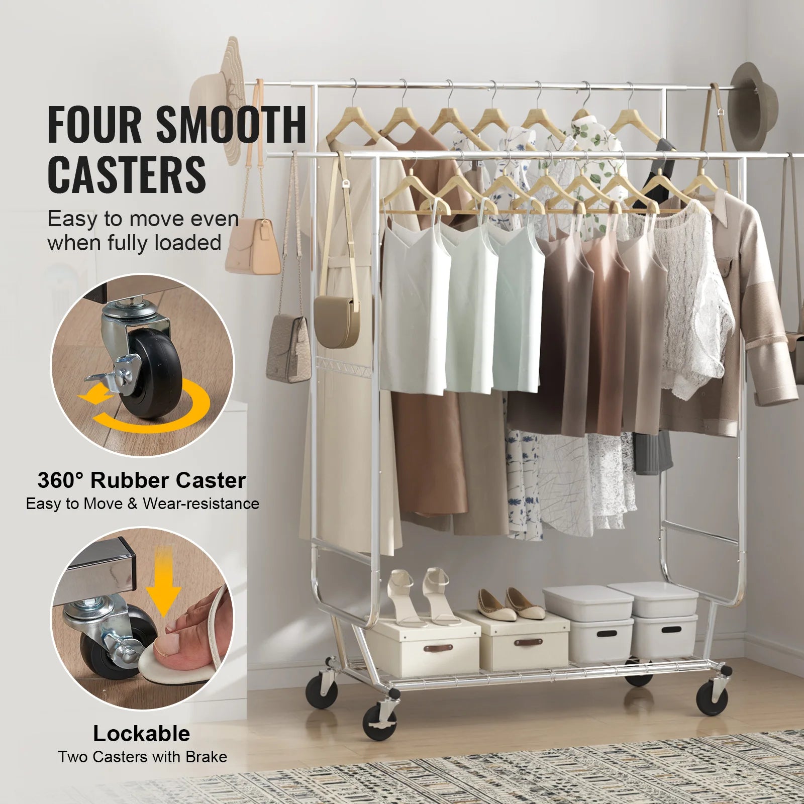 Adjustable Heavy Duty Garment Rack with Wheels & Storage Shelf