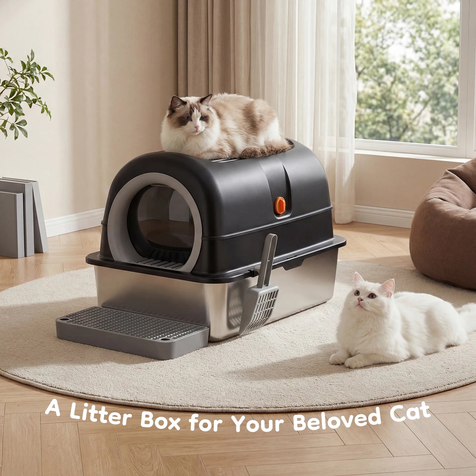 24" Stainless Steel Enclosed Cat Litter Box XL 30L with Scoop