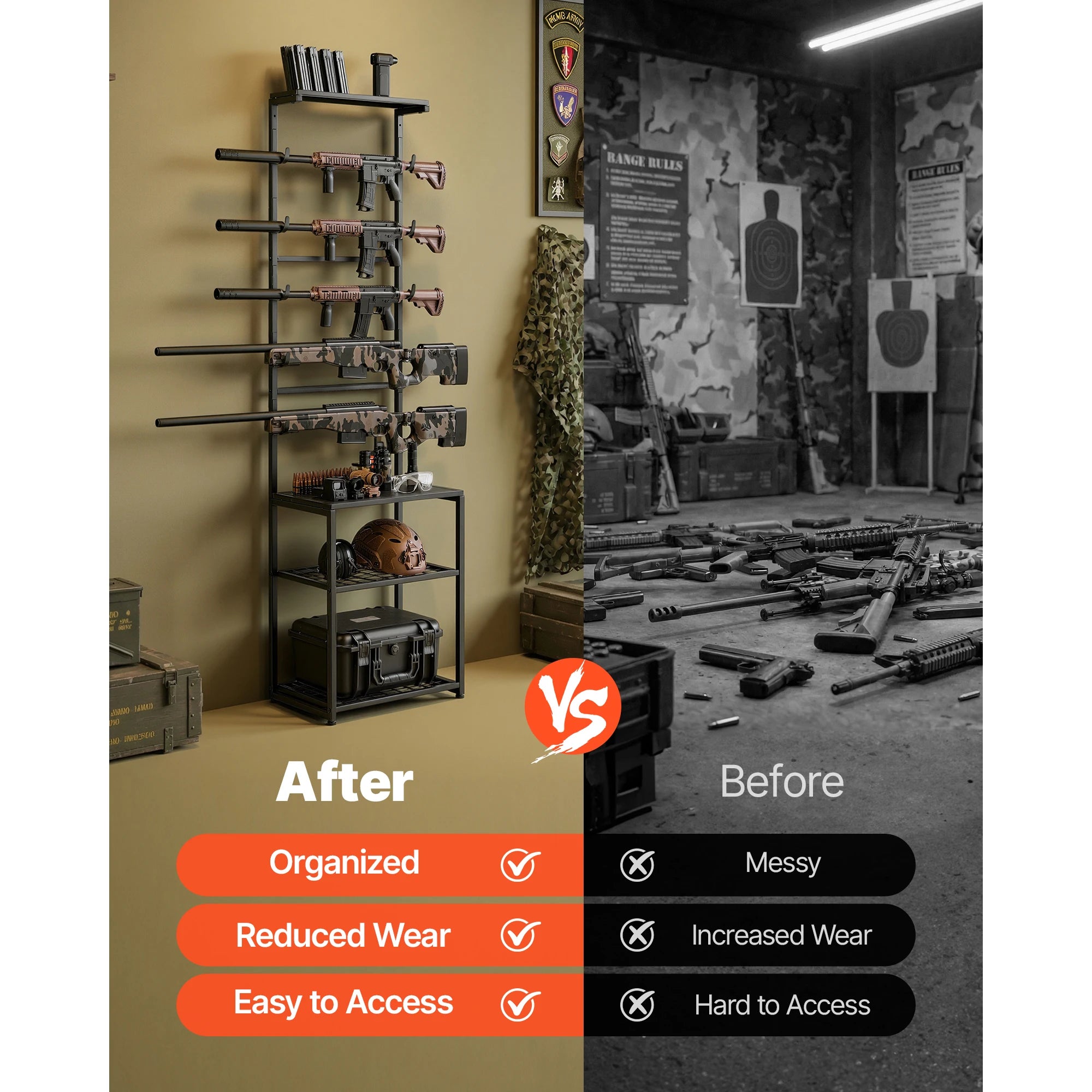 Supporto per fucili Gun Rack da terra, da interno, porta fucili a ripiani con spazio di stoccaggio per espositore a parete, supporto per garage