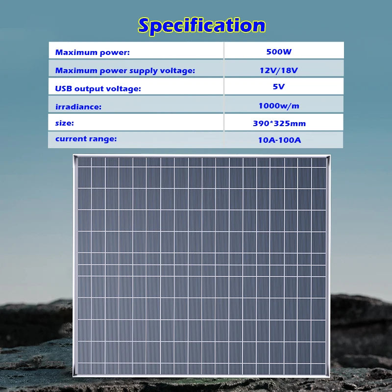 500W Rigid Monocrystalline Solar Panel with Aluminum Frame 12V Battery Charger for RV Camping Boat Home Off Grid Power USB
