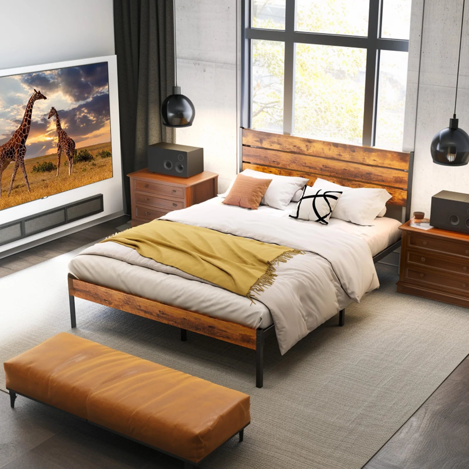 Queen Size Metal Platform Bed Frame with Storage Space & Headboard