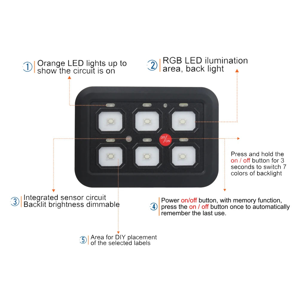 12V LED 6 Gang Switch Panel Circuit Control System