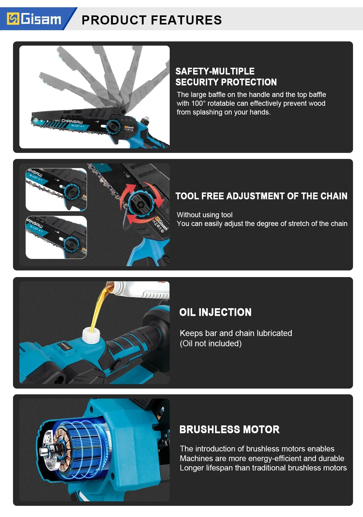 Gisam 8 Inch Brushless Electric Chainsaw Cordless Electric Saw Woodworking Garden Pruning Saw Tool For Makita 18V Battery Pins 