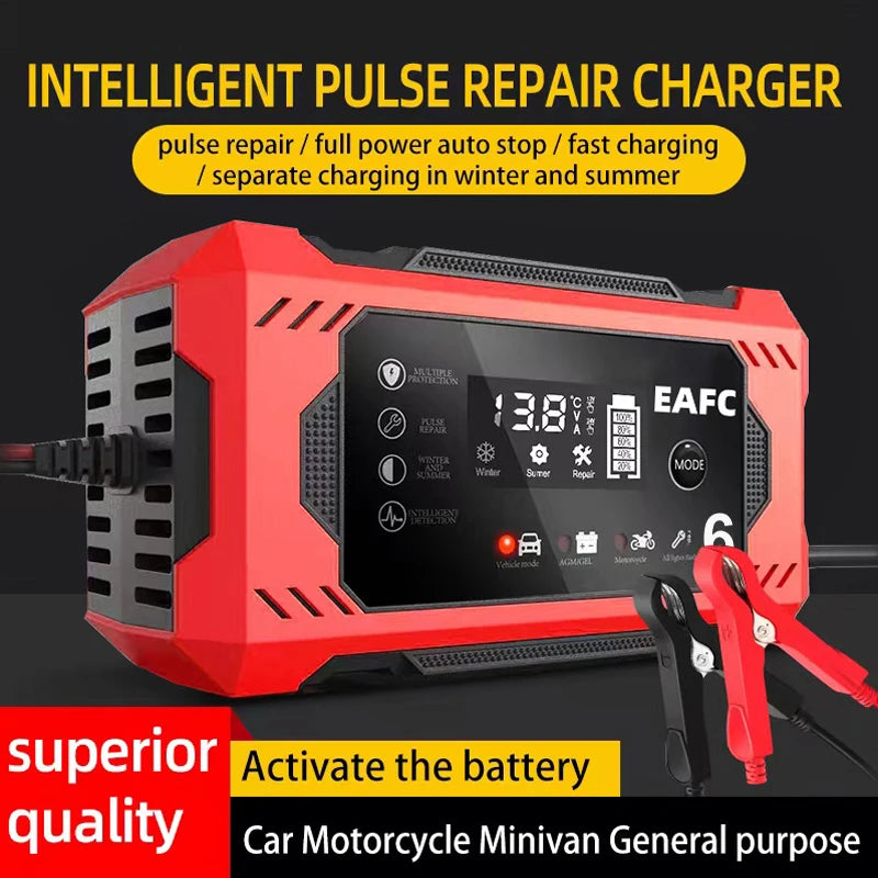 Car Battery Charger 12V 6A Intelligent Fast Charging Pulse Repair Type Full Auto-Stop Dual-Mode Lead Acid for Motorcycle Truck 