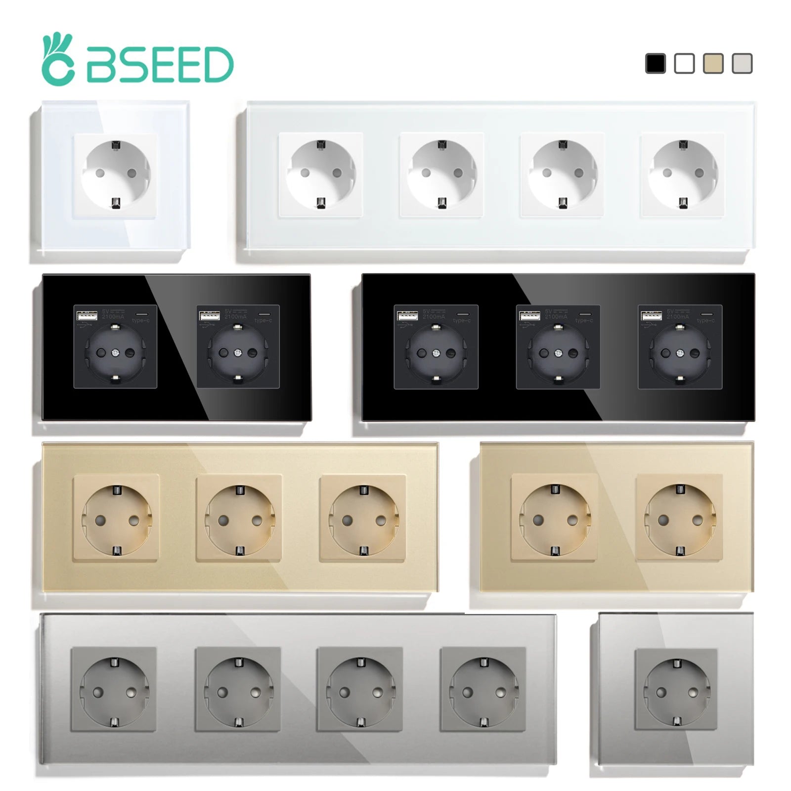 BSEED EU Standard Wall Electrical Sockets Type-C Outlets Wall Power Socket USB Charge Port Glass Panel Kids Protection 16A 