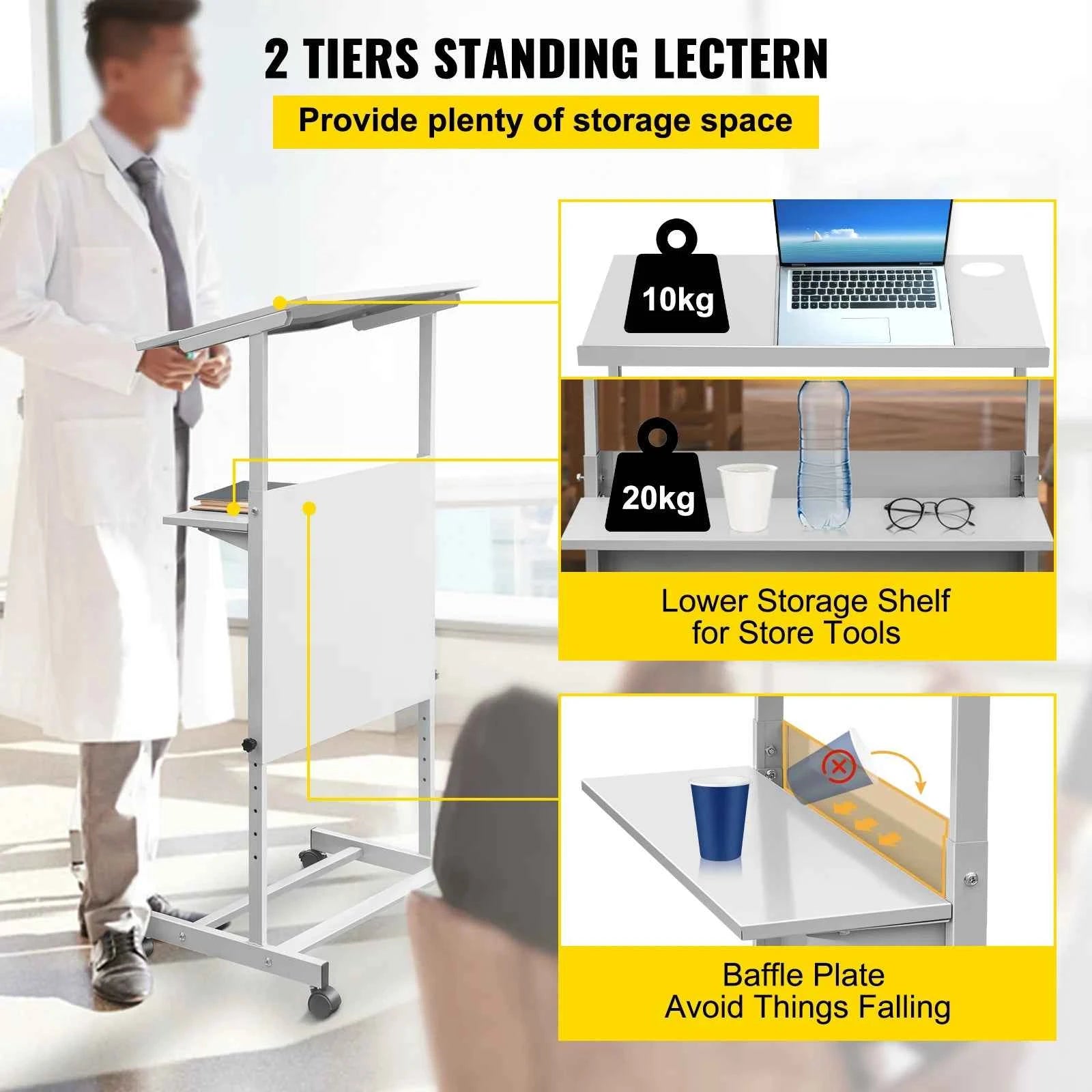 Height Adjustable Portable Standing Lectern with Casters and Storage Shelf