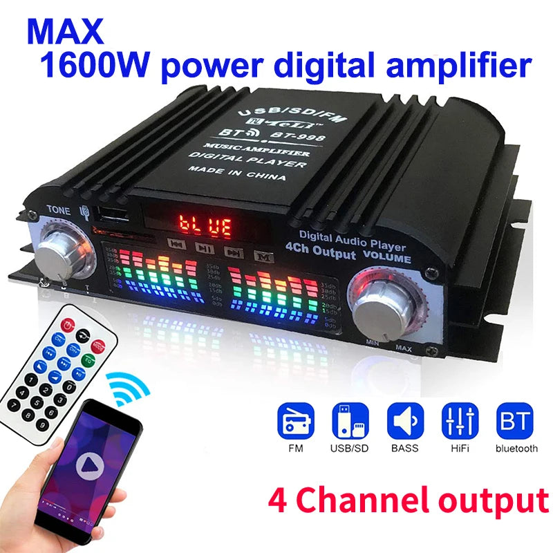 1600W Peak Power HiFi Sound Amplifier Digital 4 Channel Audio Amplifier Bluetooth Karaoke Player FM Radio Support Remote Control 