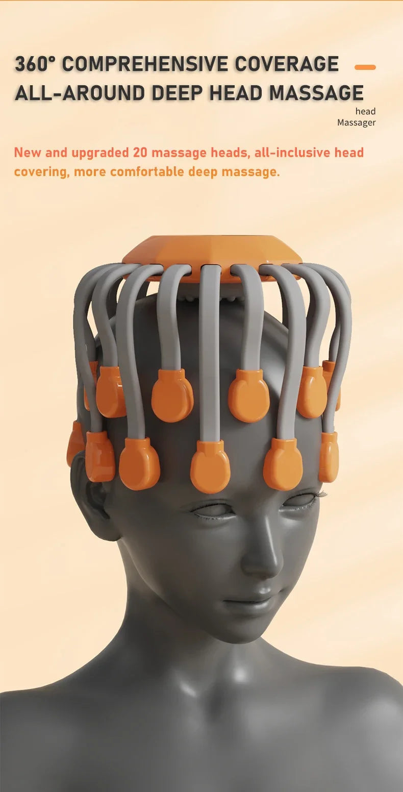 20Massage Heads Orange Scalp Head Massager Red Light Vibrator Octopus Scratcher For Relaxation Stress Migraine 