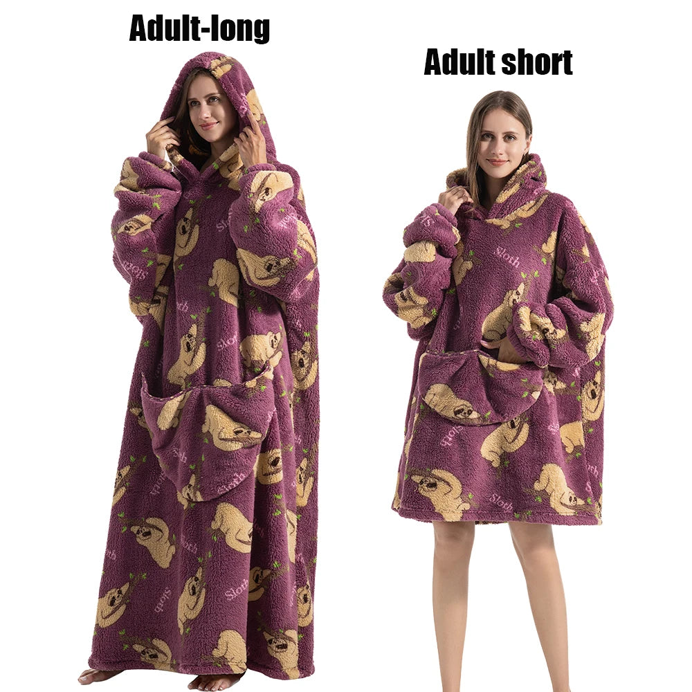 Women Plush Fleece Blanket Men Warm Thick Hoodies Adult Giant TV Blanlets with Sleeves Super Long Cold-proof Homewear Pajamas 