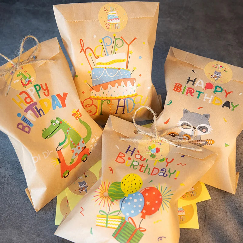 24Sets Thank You Kraft Paper Bags Cute Rainbow Dino Happy Birthday Gift Pouch Retro Flower Party Favor Bag Candy Cookie Supplies