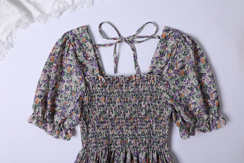 Summer Pleated Women Chiffon Dresses Casual Beach Holiday Short Sleeve Square Collar Woman Midi Dress Bohemian Mujer Vestidos 