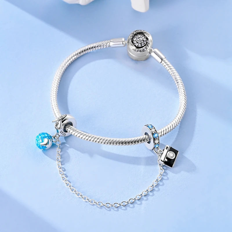 925 Sterling Silver Safety Chain Aircraft Earth Camera Daisy Silicone Charms Beads Fit Original Bracelets DIY Jewelry For Women 