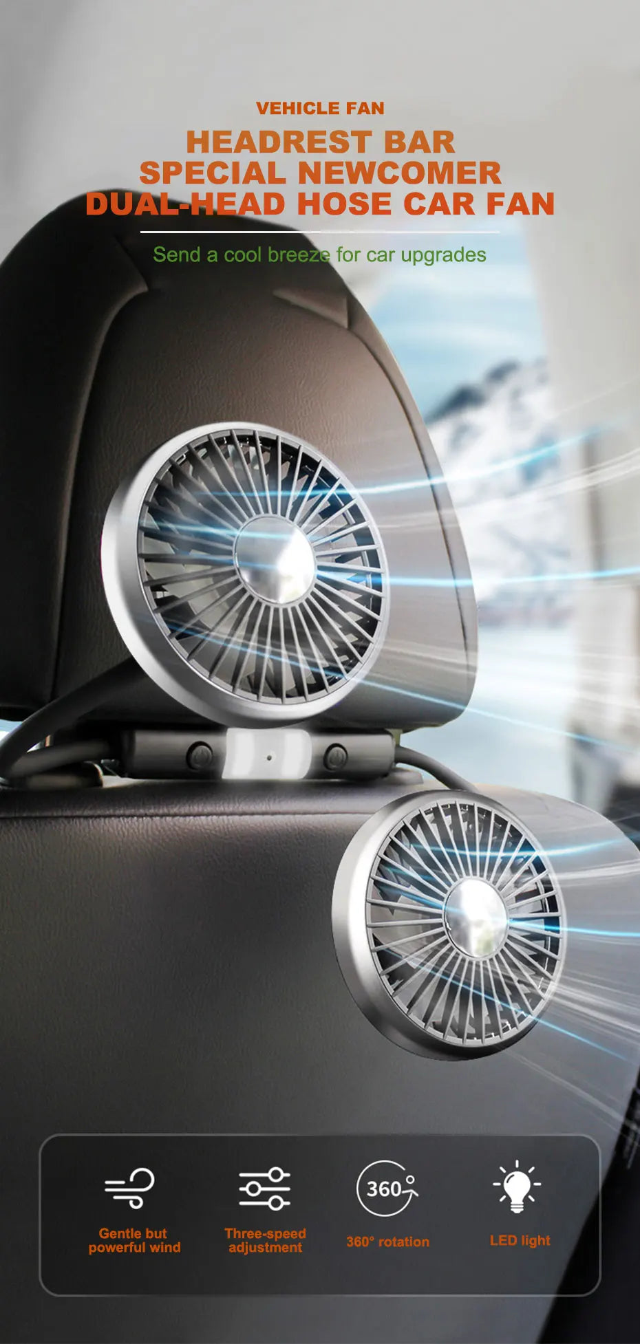 SEAMETAL Car Fan Cooling Dual Head Type-c Usb Car Fan 3 Speeds Adjustable Auto Cooler Air Fan With LED Lights Car Accessories