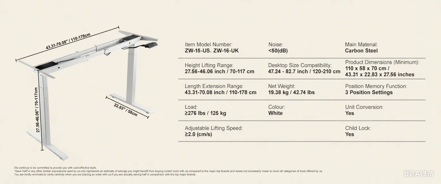 Cadre de bureau debout SucceBuy électrique, tréteaux de bureau ergonomique ajustable pour ordinateur, base de poste de travail DIY pour maison/bureau, noir et blanc