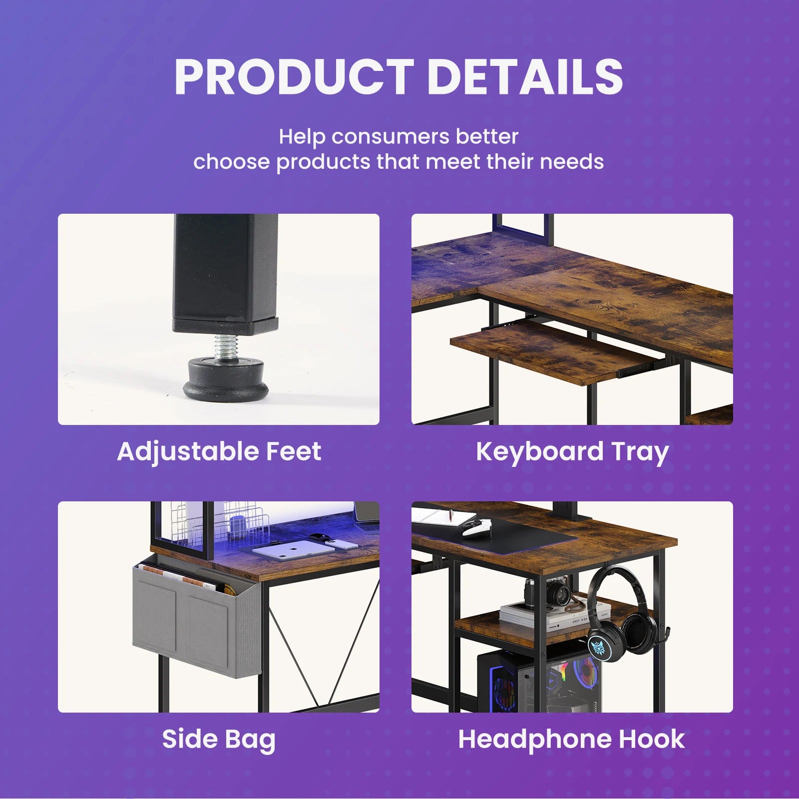 67" L-Shaped Gaming Desk with LED Lights & Keyboard Tray