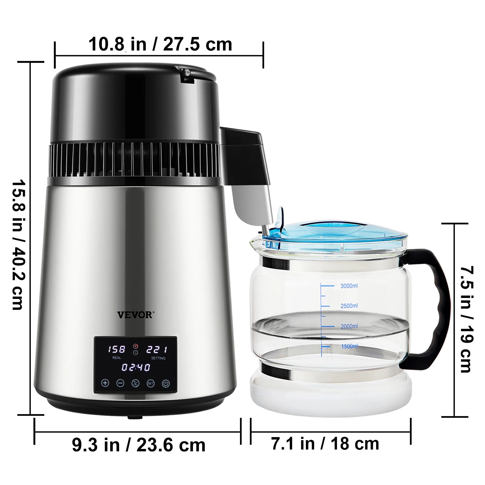 4L Home Water Distiller 1.5L/H with Touch Screen & Glass Carafe