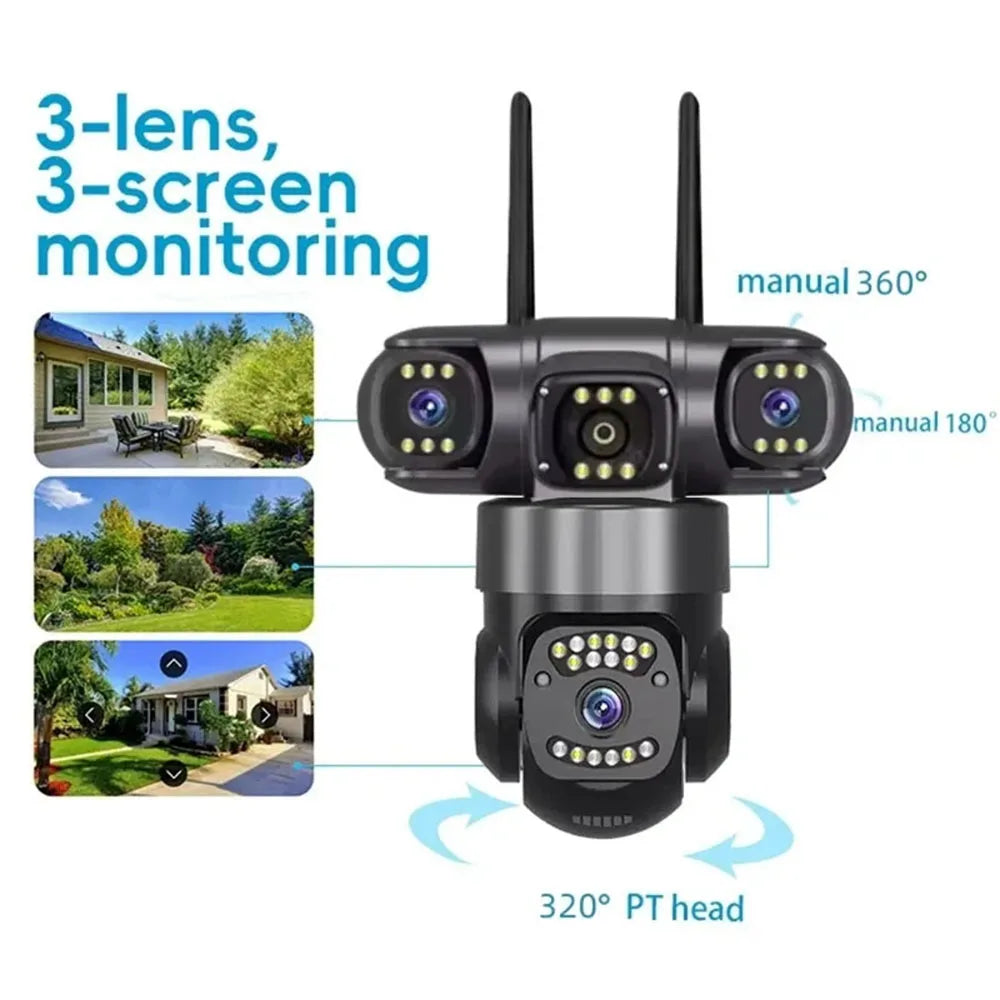 12MP 6K HD Outdoor Surveillance Camera Triple Lens WiFi Waterproof Night Vision