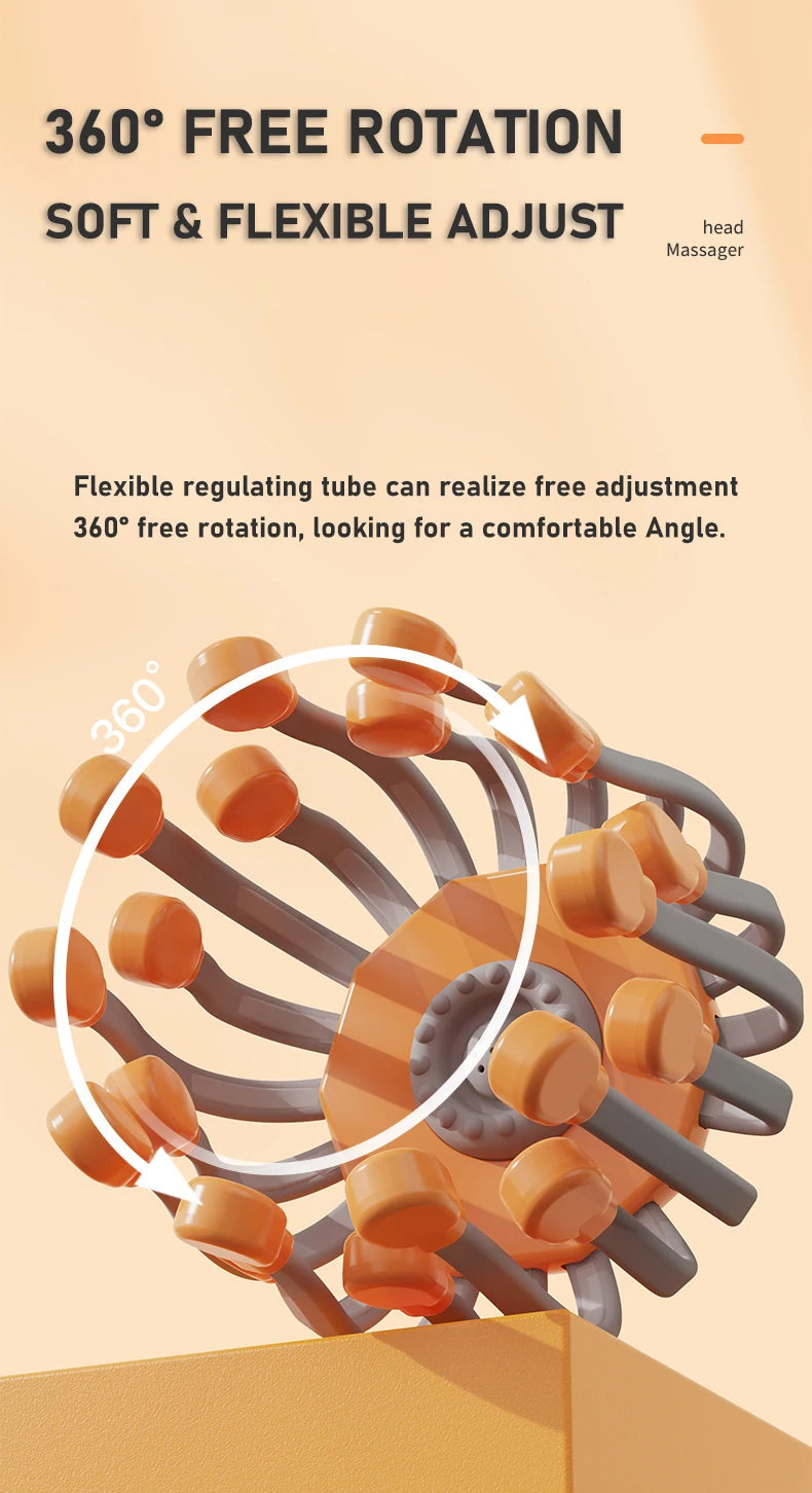 20Massage Heads Orange Scalp Head Massager Red Light Vibrator Octopus Scratcher For Relaxation Stress Migraine 