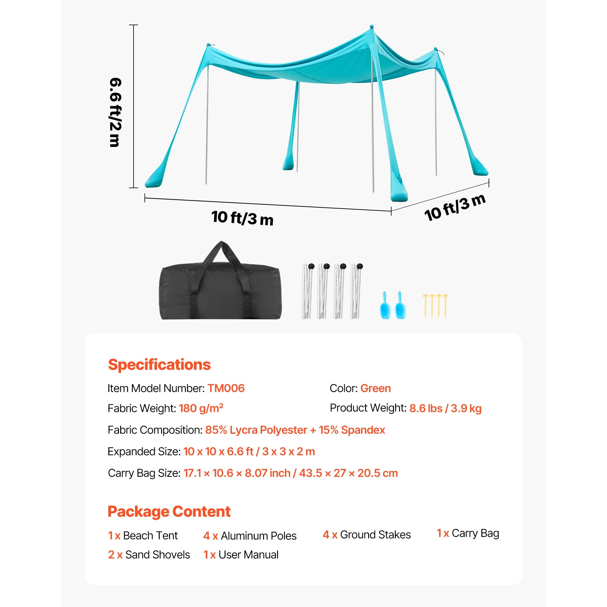 Tente de plage abri solaire UPF50+ auvent pop-up pour 3 à 4 personnes