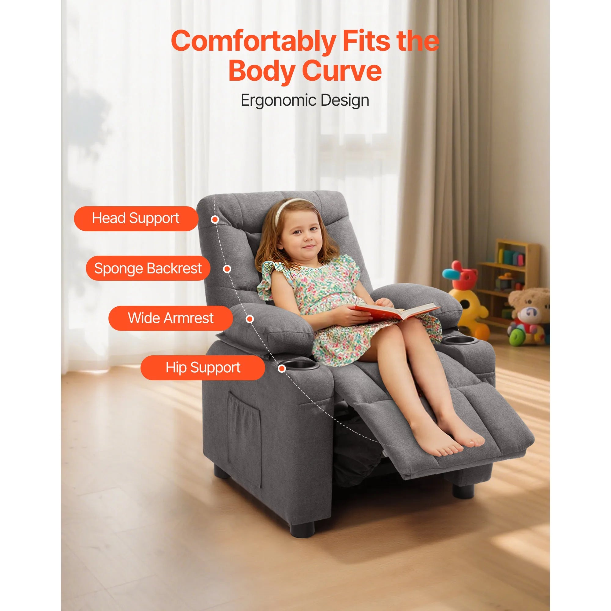 SucceBuy Kids Reclining Chair Toddler Recliner with Cup Holders and Pockets 107° to 126° Adjustable Backrest for Boys & Girls