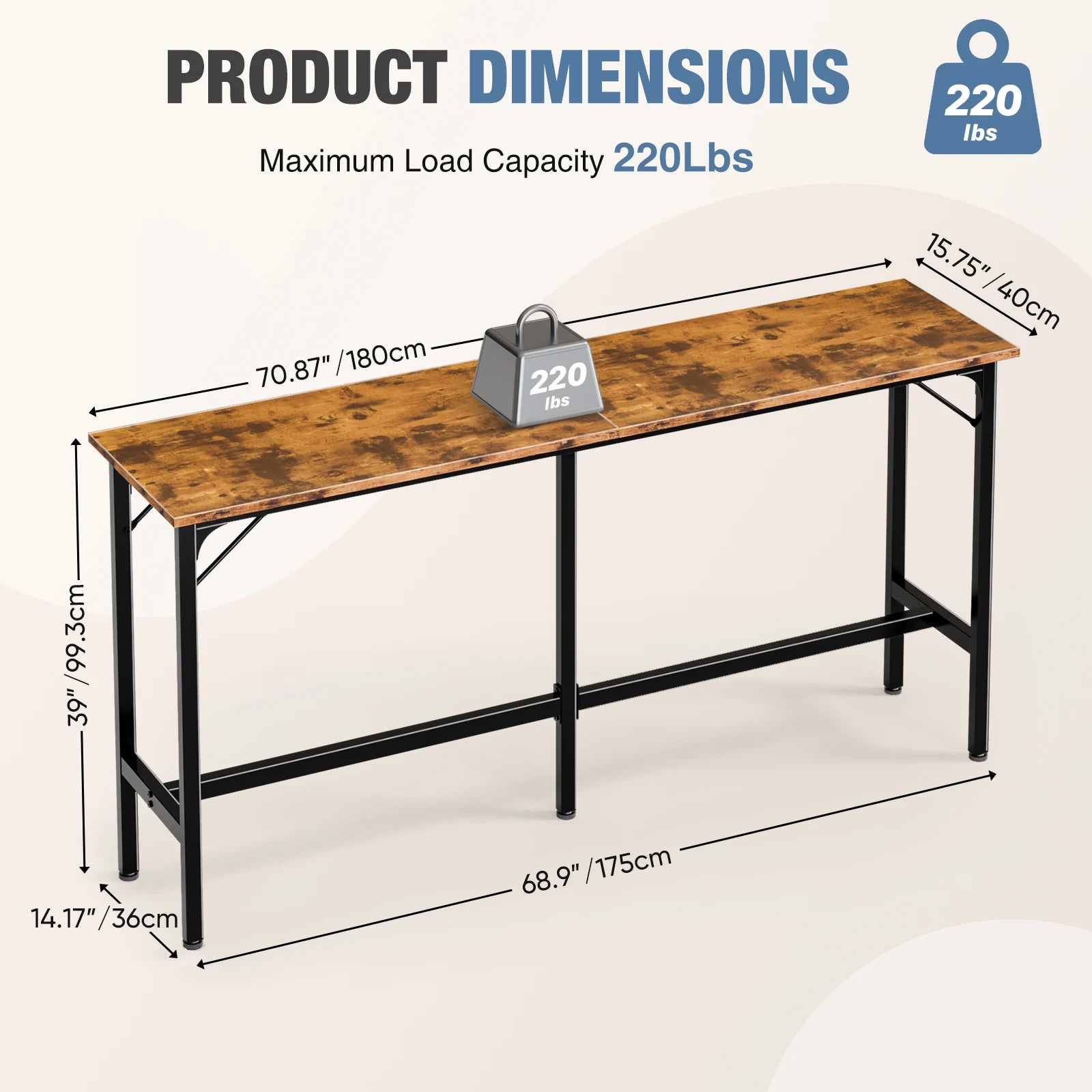71" Rectangular Bar Height Table for Dining, Work, or Living Space