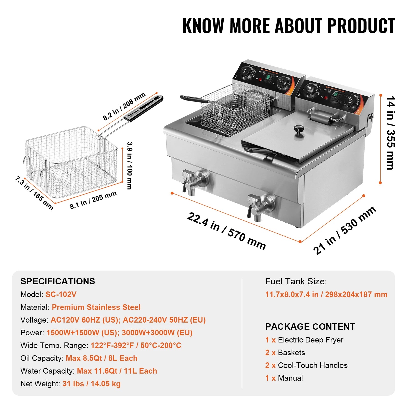 Commercial Deep Fryer 2 x 11L Double Stainless Steel Oil Fryer with Filtration