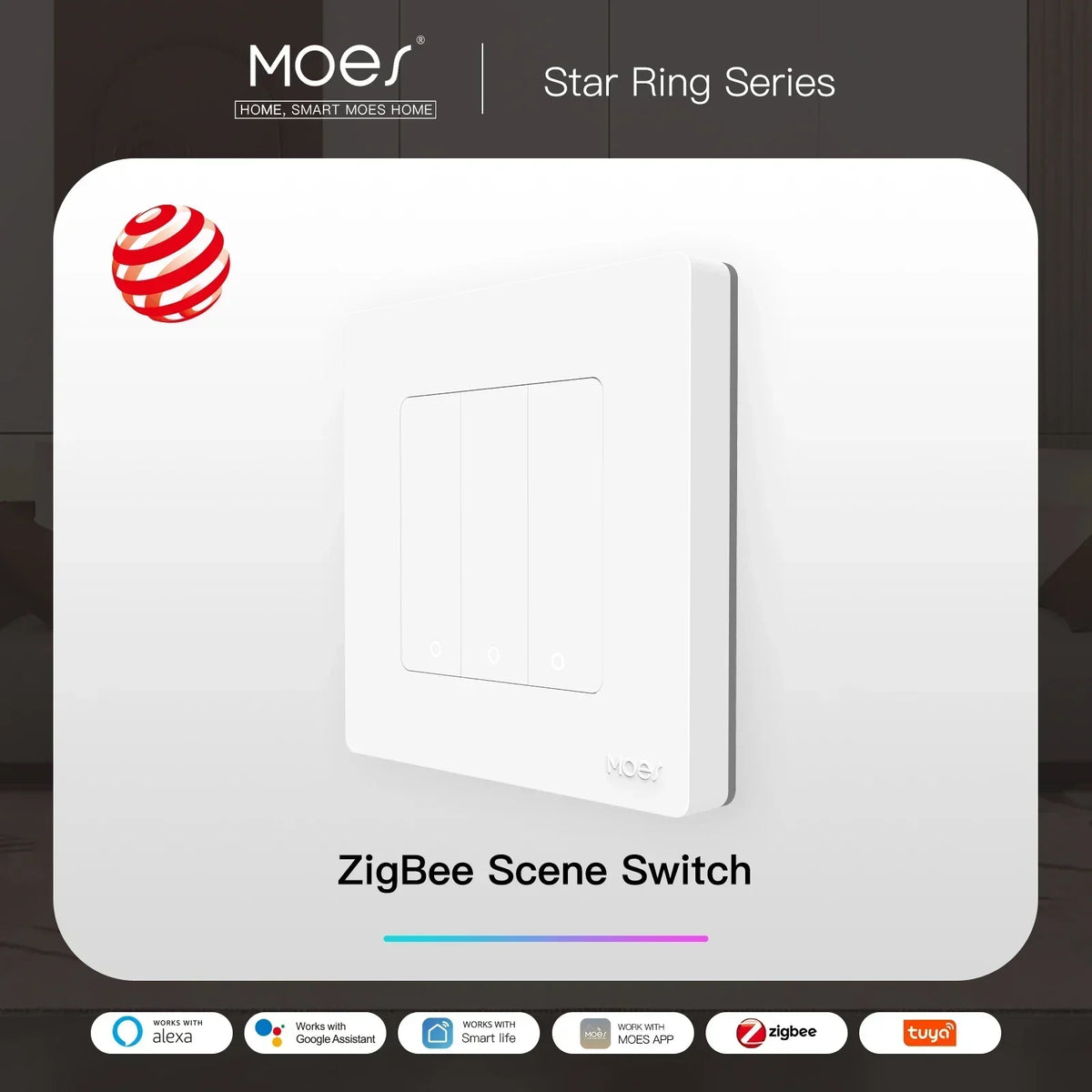 MOES Smart Light Switch Tuya ZigBee Star Ring Series No Neutral Wire No Capacitor Needed Smart Life Works with Alexa Google Home