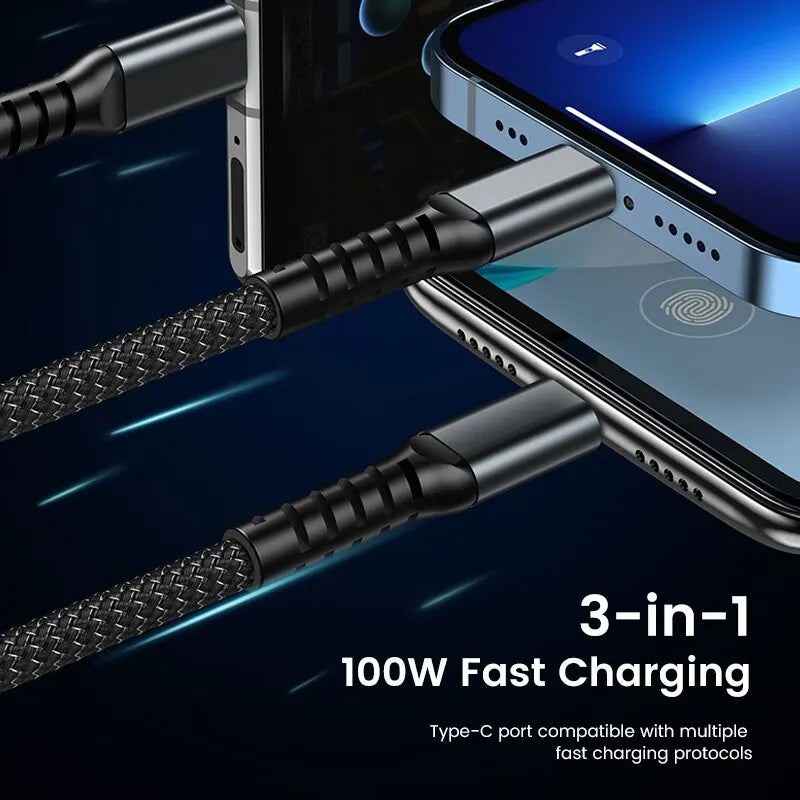 3-v-1 100W 5A hitri kabel za hitro polnjenje USB v Type-C mikro hitri polnilni kabel za iPhone 14 13 Samsung Xiaomi Huawei iPhone 14 13
