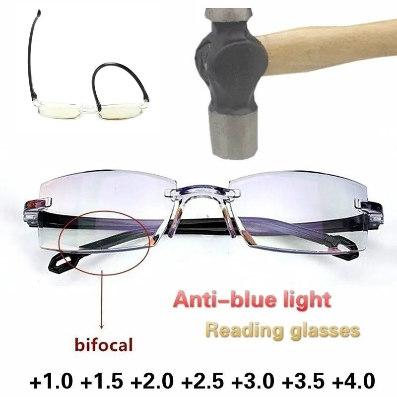 2 Pair New Men Women Rimless Reading Glasses Anti Blue Light Bifocal Far Near Magnification Eyewear Presbyopic Glasses +150 +200 