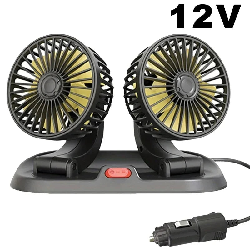 360° Justerbar Dobbelt Hoved Bilventilator med USB & 12V/24V Strøm
