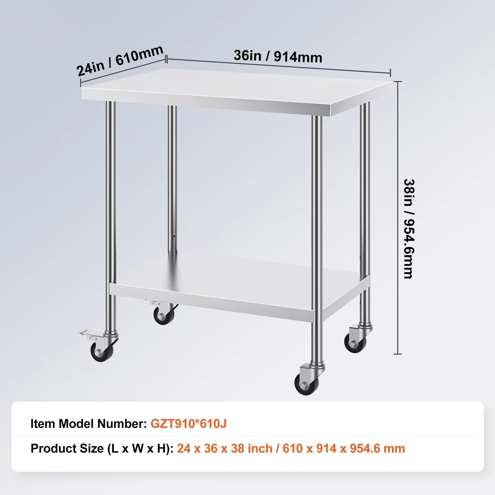 Stainless Steel Work Table with Wheels & Adjustable Shelves