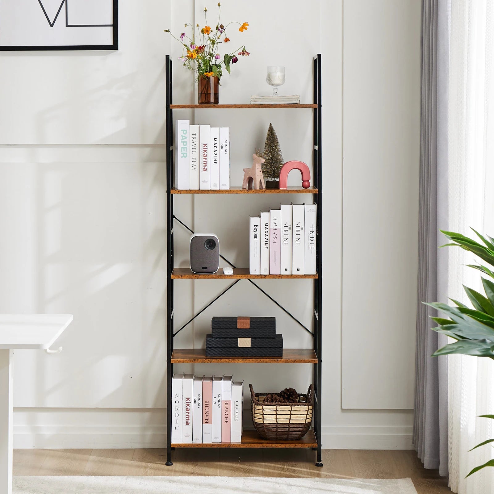 5 Tier Narrow Bookcase Storage Shelf for Home Office Living Room