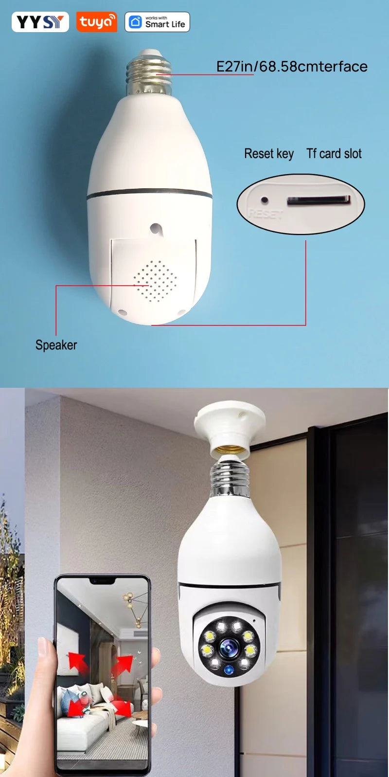 Tuya Smart Home 2.4G E27 Bulb Wifi Surveillance Camera HD Night Security Video Surveillance Supprt Two Way Audio Mobile Motion 