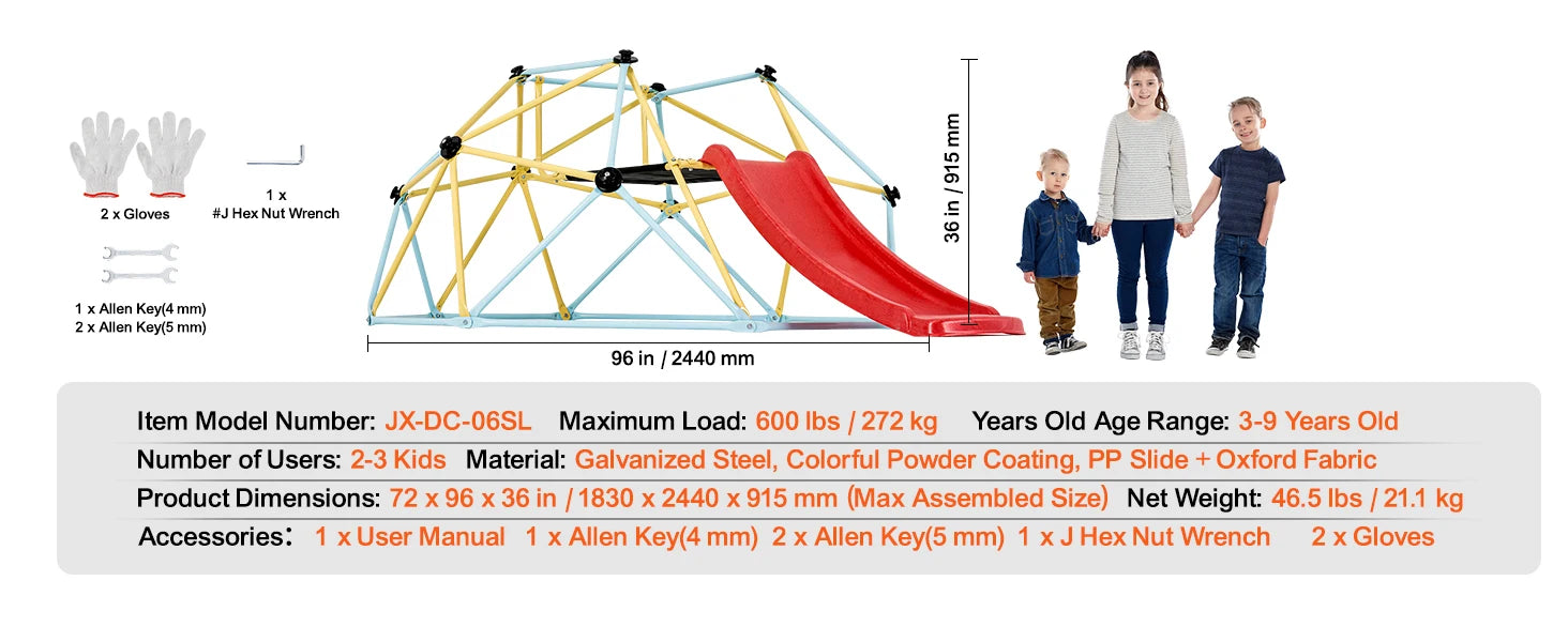 Kids Climbing Dome Jungle Gym with Swing & Hammock (6–12FT)