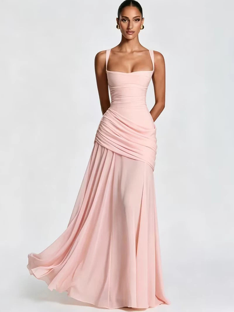 Women’s Elegant Ruched Backless Maxi Dress with Square Neck