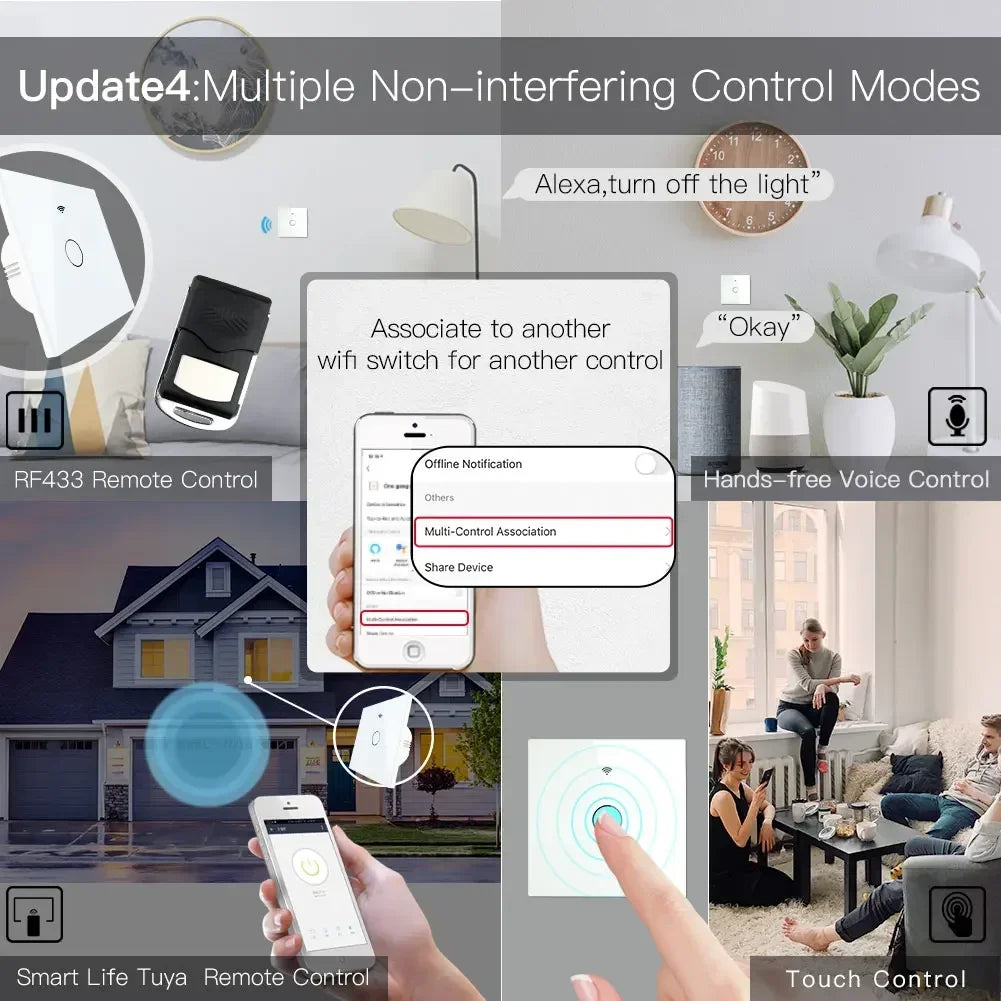 NEW Upgraded WiFi Smart RF433 Touch Switch 2/3 Way Smart Life/Tuya App Control,Alexa Google Home Voice Control 1/2/3 Gang