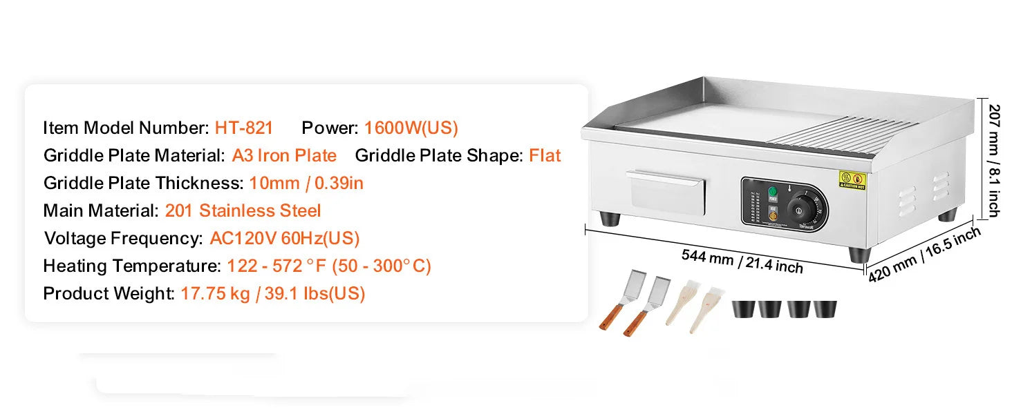 Commercial Electric Griddle 122–572°F Flat Top Countertop Grill