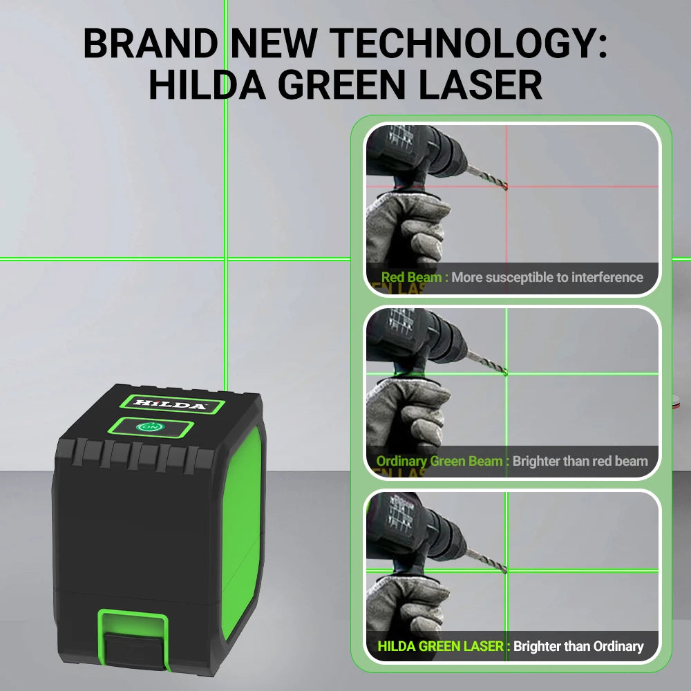 HILDA 2 Lines Mini Laser Level Self Levelling Green Beams Laser Horizontal & Vertical Cross-Line USB Charging 