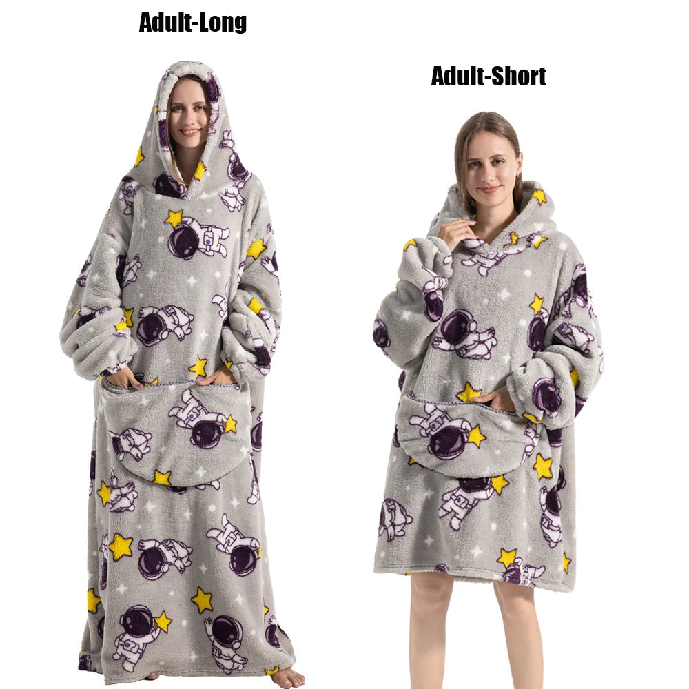 Women Plush Fleece Blanket Men Warm Thick Hoodies Adult Giant TV Blanlets with Sleeves Super Long Cold-proof Homewear Pajamas 