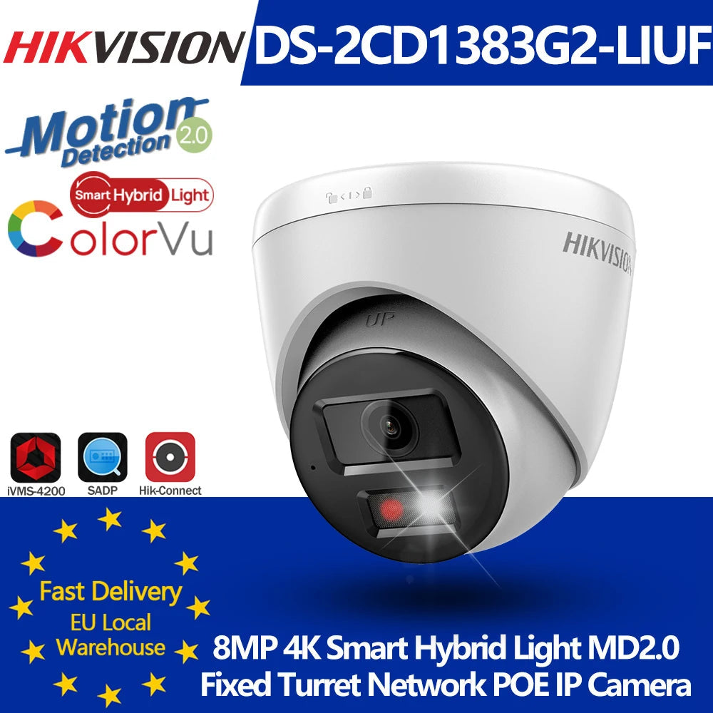Hikvision 8MP 4K ColorVu Smart Hybrid Light POE IP Camera DS-2CD1383G2-LIUF Motion Detect 2.0 Human Detect MIC SD Slot IP67 